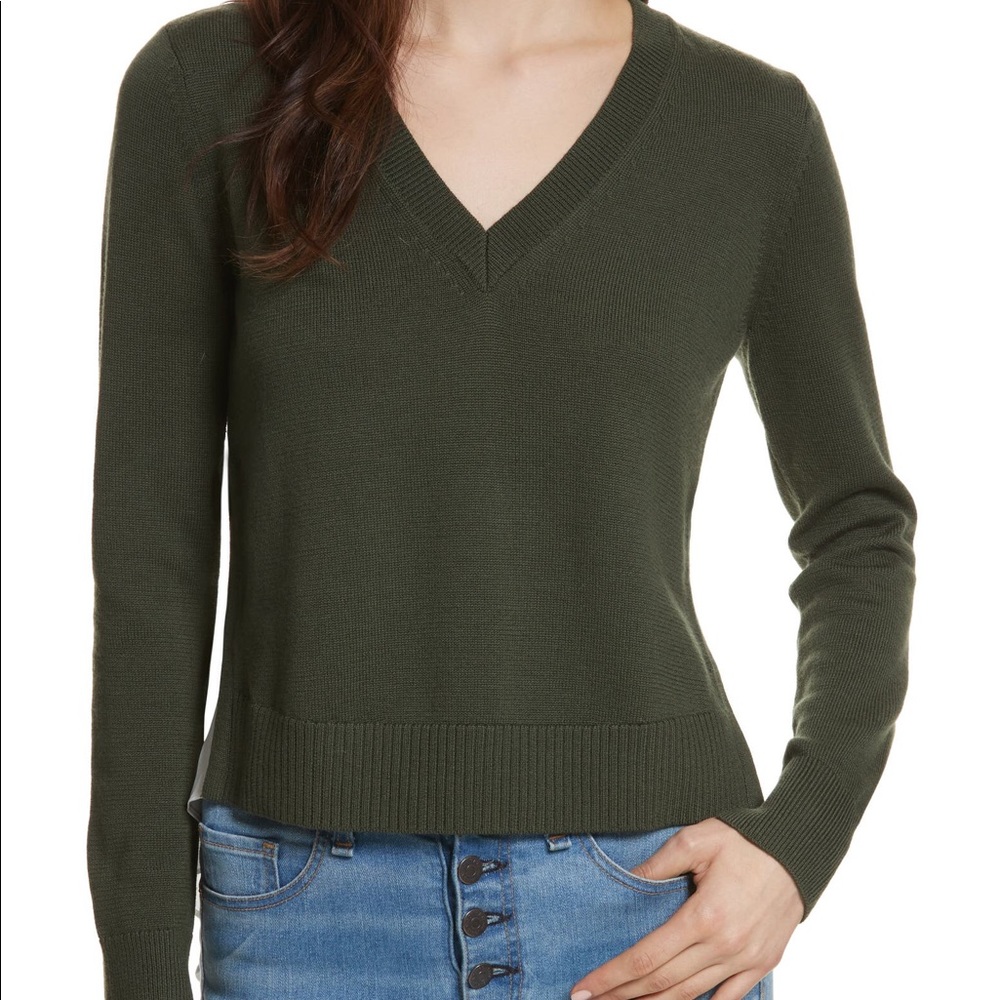 Veronica Beard Concord V Neck Mixed Sweater Army